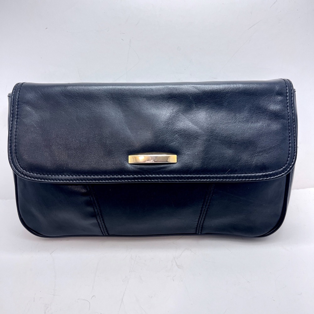 Cabin Creek Vintage Black Cowhide Leather Clutch Bag Gold Hardware 90s Style